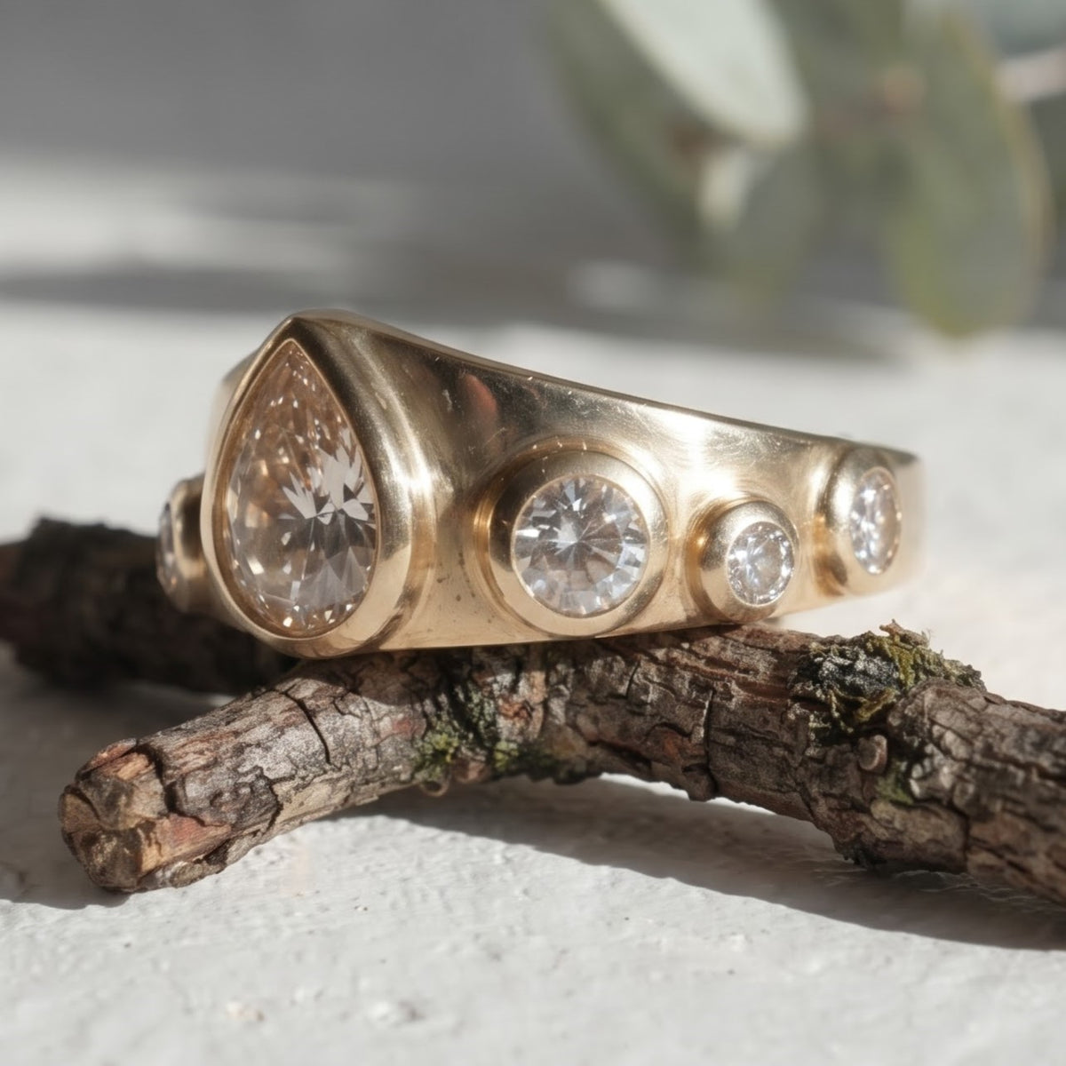 Pear Cut Salt and Pepper Diamond Bezel Ring