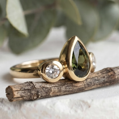 Pear Green Sapphire Bezel Set Gold Bridal Ring
