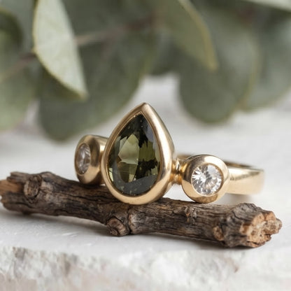 Pear Green Sapphire Bezel Set Gold Bridal Ring