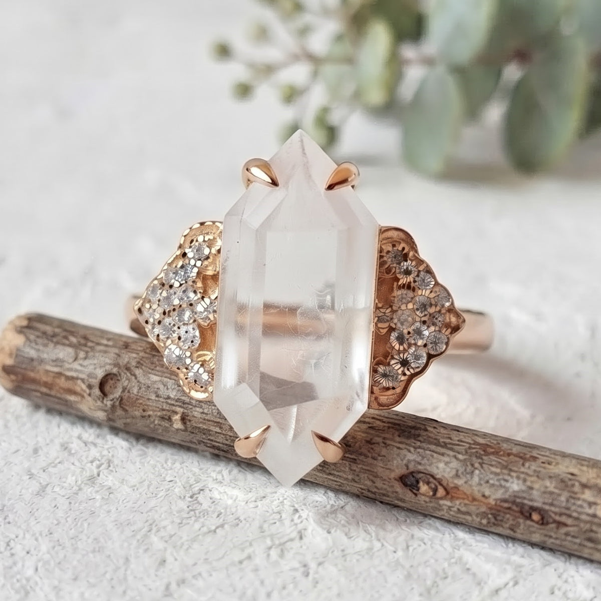 Long Hexagon Milky Diamond Ring with Round Accents