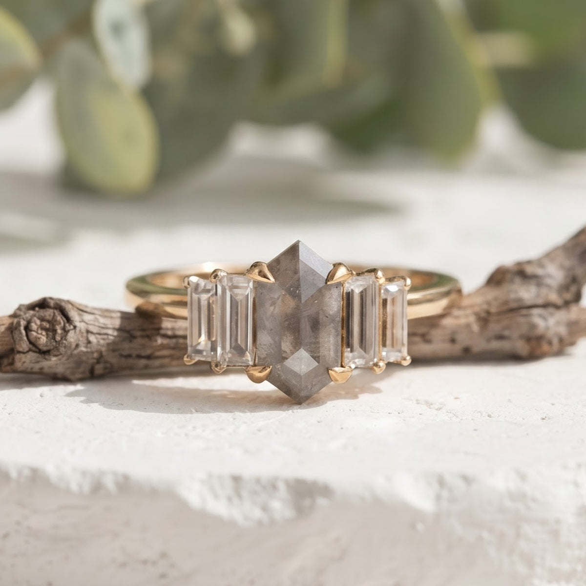 1.35 CT Hexagon Salt and Pepper Diamond Ring with Baguette Accents