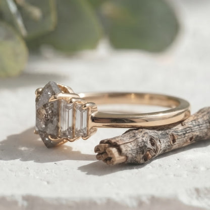 1.35 CT Hexagon Salt and Pepper Diamond Ring with Baguette Accents