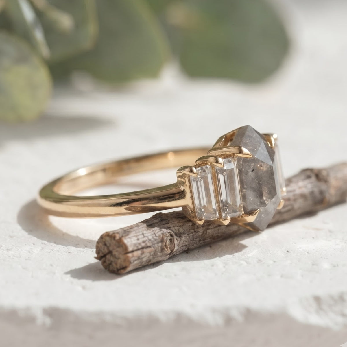1.35 CT Hexagon Salt and Pepper Diamond Ring with Baguette Accents