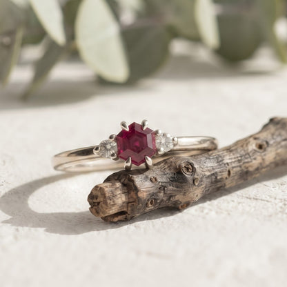 Pink Hexagon Ruby Ring with Lab Grown Diamond Accents