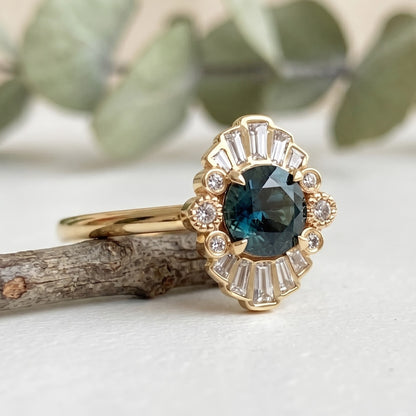 Greenish Blue Sapphire Engagement Ring with Baguette Diamonds