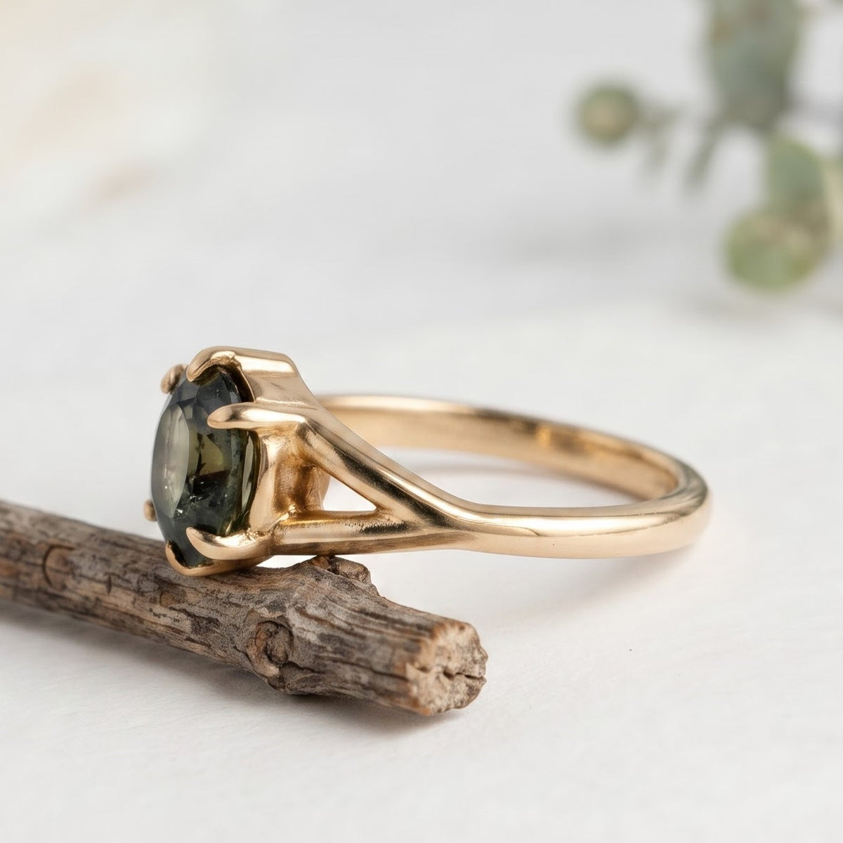 Dark Green Sapphire Ring Oval Cut Handmade