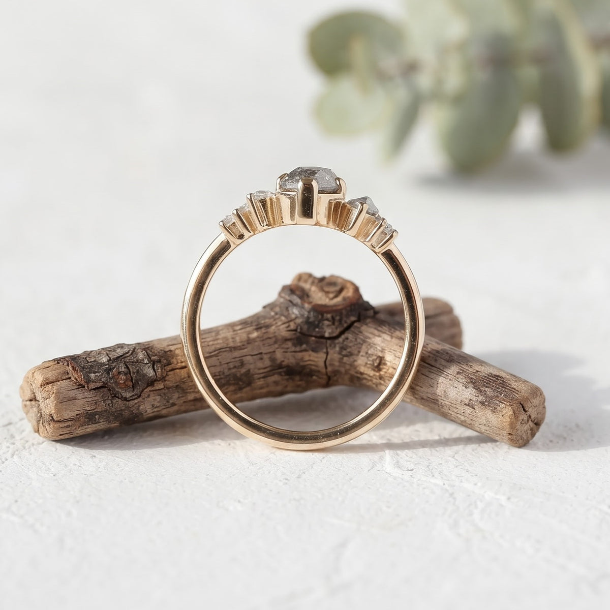 Marquise Salt and Pepper Diamond Bezel Ring Unique Handmade Ring