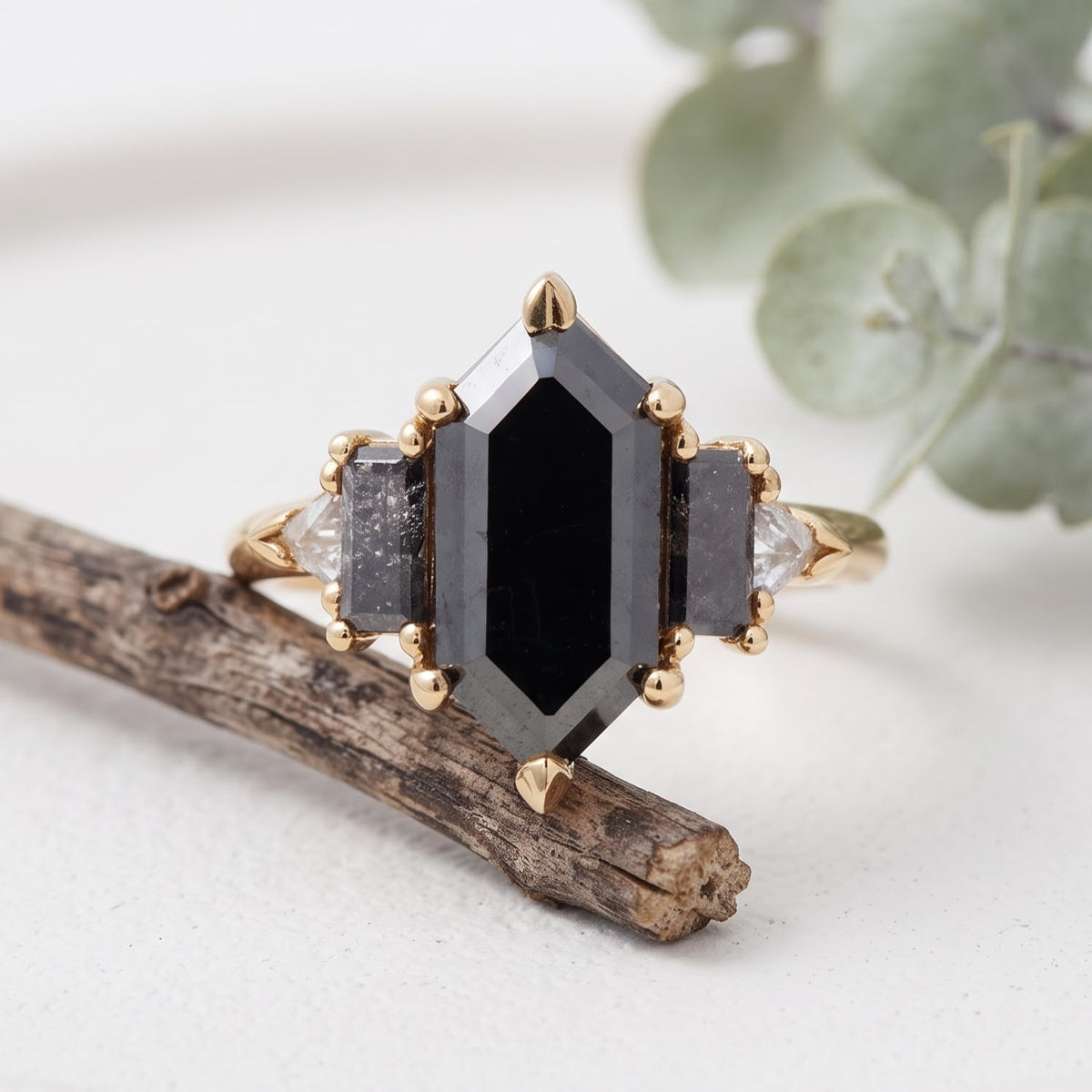 3.15 CT Hexagon Salt and Pepper Diamond Ring
