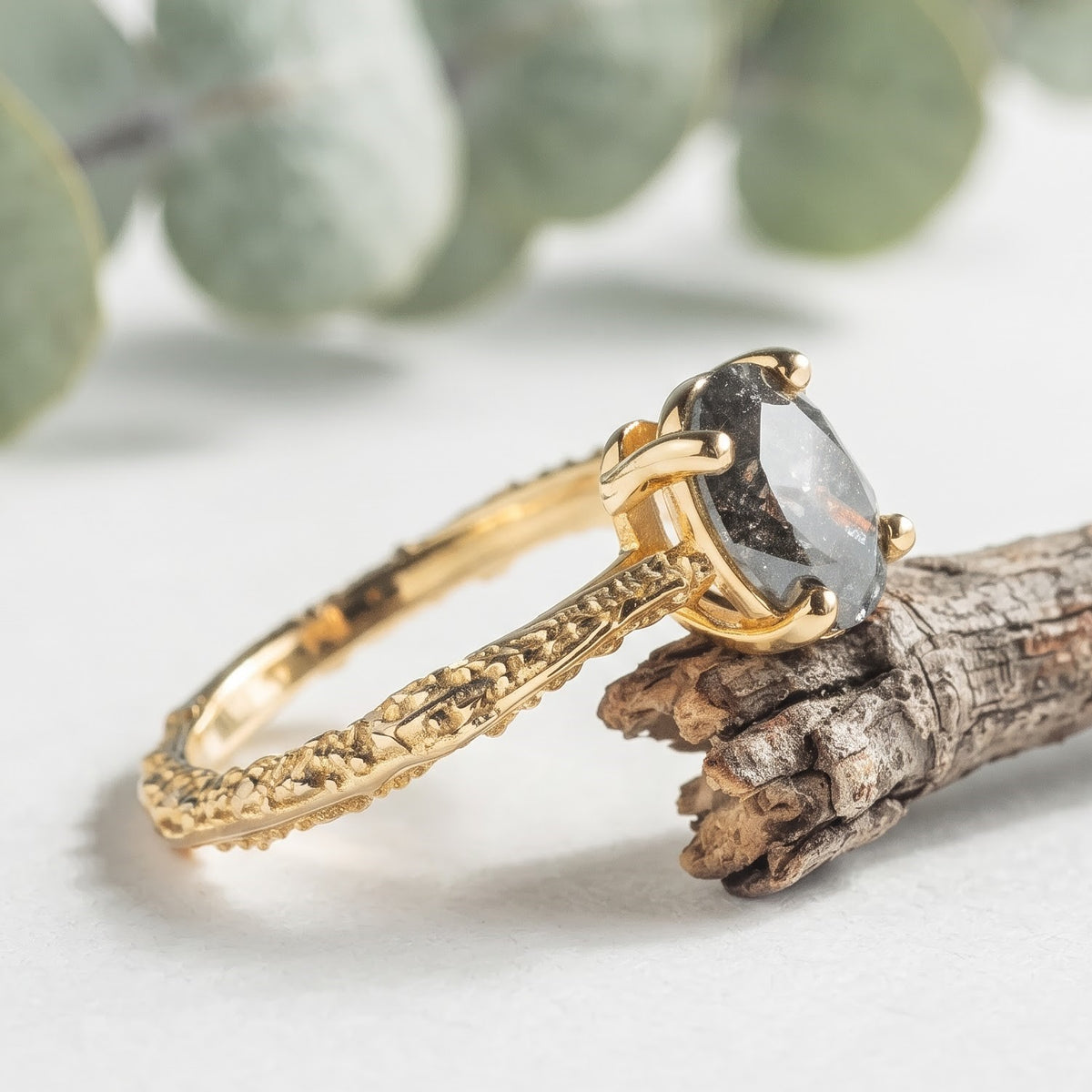 Natural Oval Salt and Pepper Diamond Ring