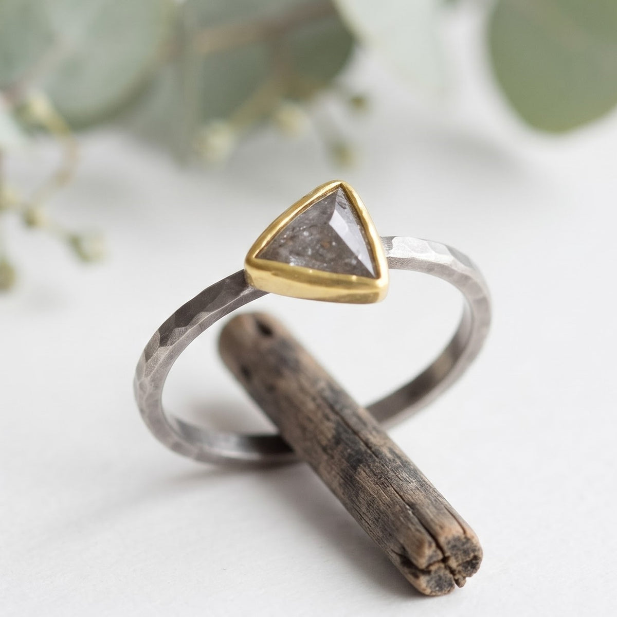 0.80 CT Triangular Salt and Pepper Diamond Handmade Ring