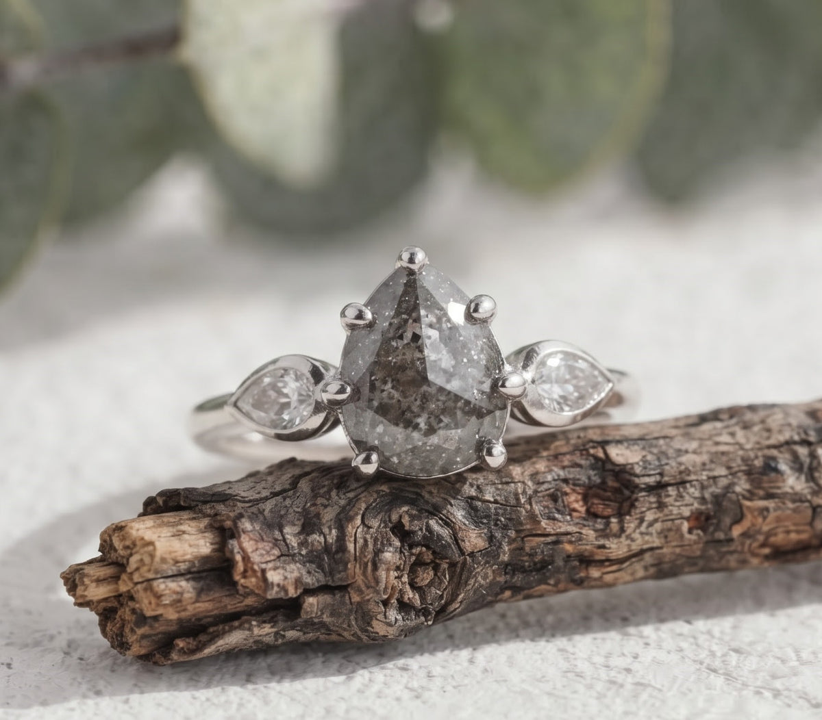 Pear Cut Salt and Pepper Diamond Engagement Ring