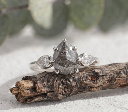 Pear Cut Salt and Pepper Diamond Engagement Ring