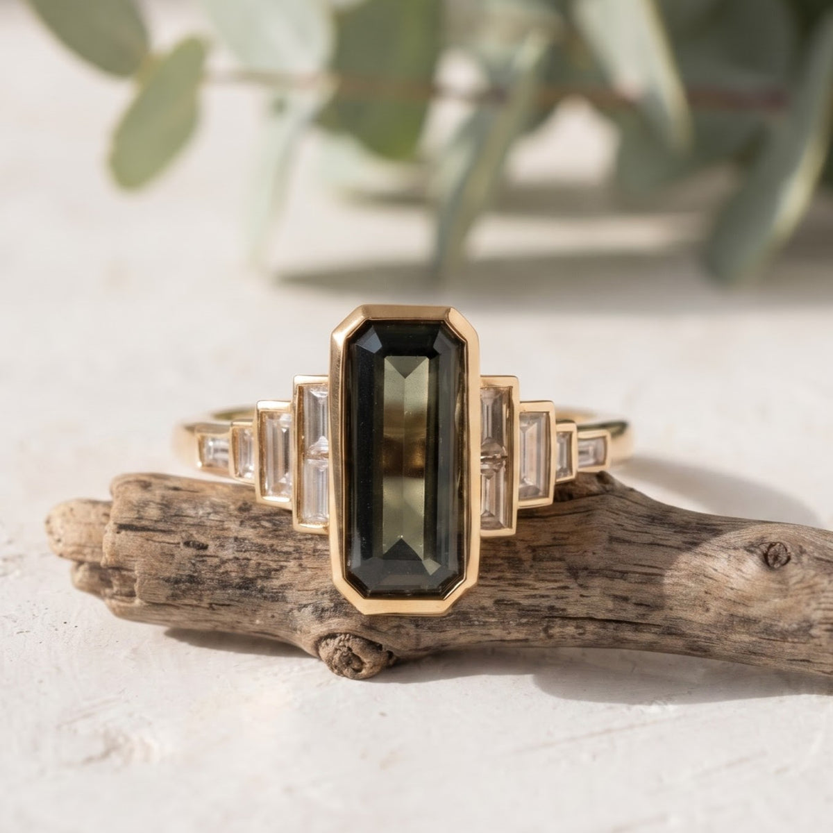 Green Emerald Cut Sapphire Ring with Baguette Lab Grown Diamonds