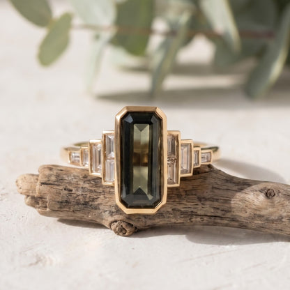 Green Emerald Cut Sapphire Ring with Baguette Lab Grown Diamonds