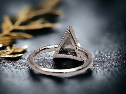 Triangle Salt & Pepper Diamond Ring, Raw Natural Engagement Ring, Handmade Rustic Gold