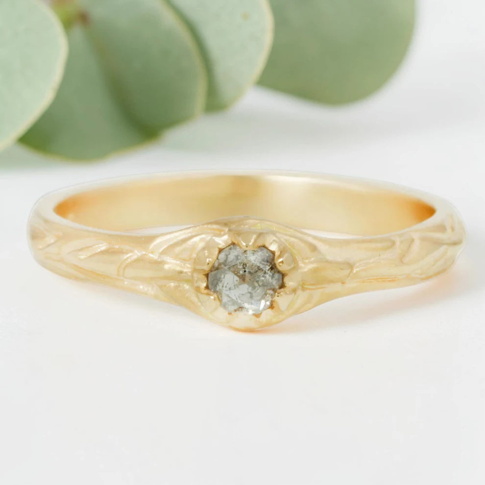 Salt & Pepper Diamond Ring, Hand Carved Old Cut Solitaire, Unique Engagement Jewelry