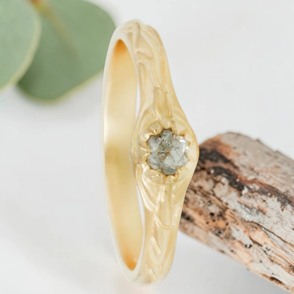 Salt & Pepper Diamond Ring, Hand Carved Old Cut Solitaire, Unique Engagement Jewelry
