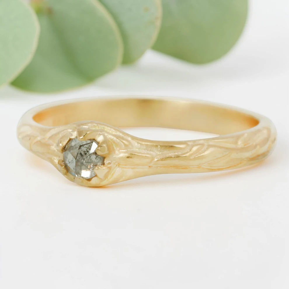 Salt & Pepper Diamond Ring, Hand Carved Old Cut Solitaire, Unique Engagement Jewelry