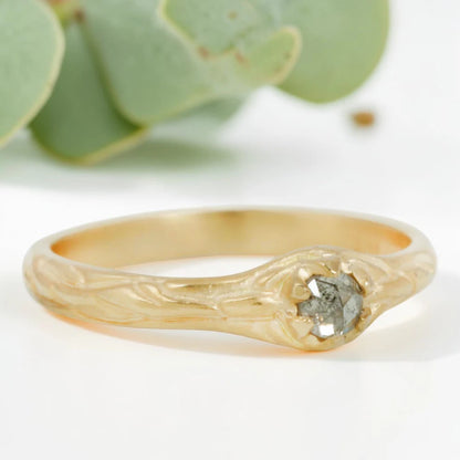 Salt & Pepper Diamond Ring, Hand Carved Old Cut Solitaire, Unique Engagement Jewelry