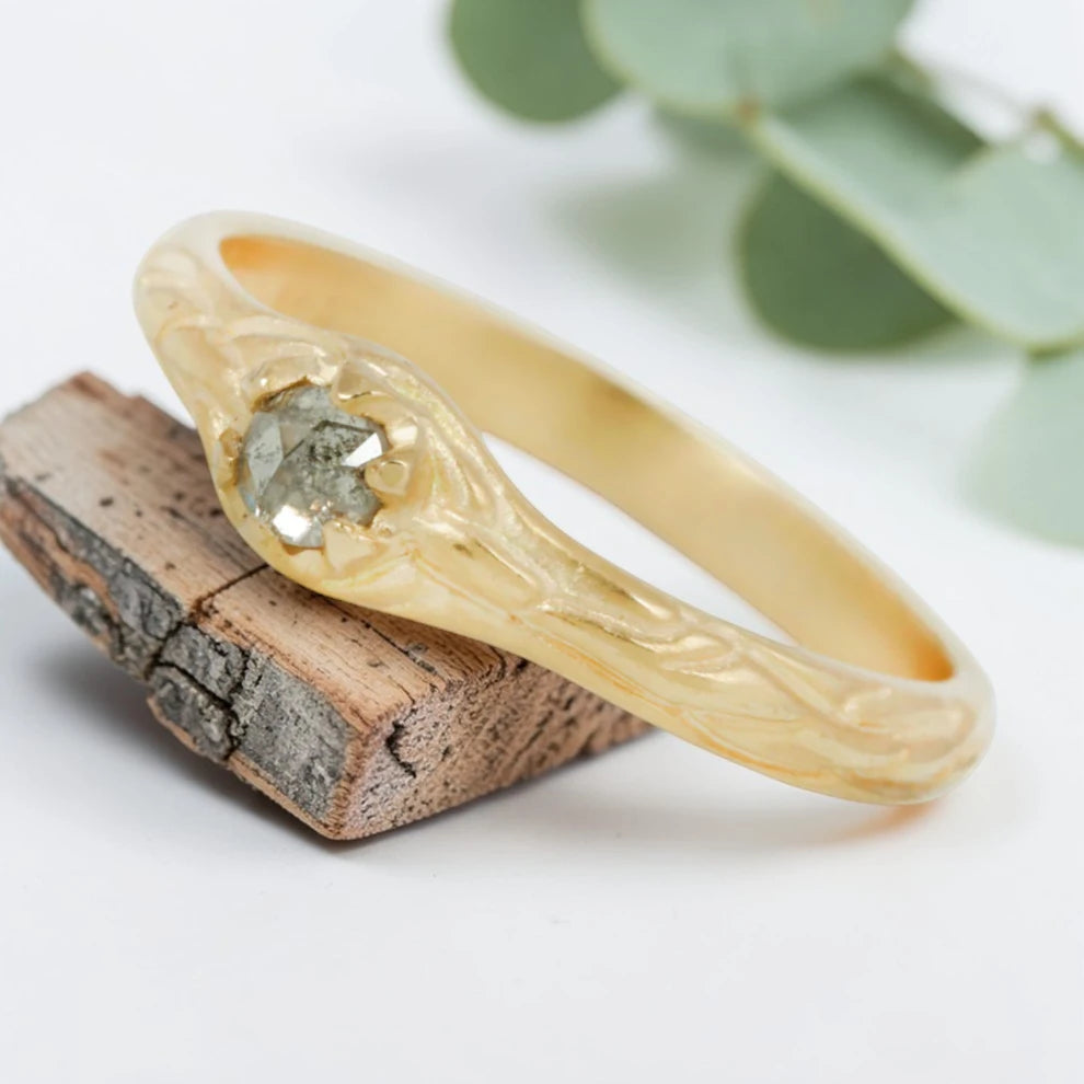 Salt & Pepper Diamond Ring, Hand Carved Old Cut Solitaire, Unique Engagement Jewelry