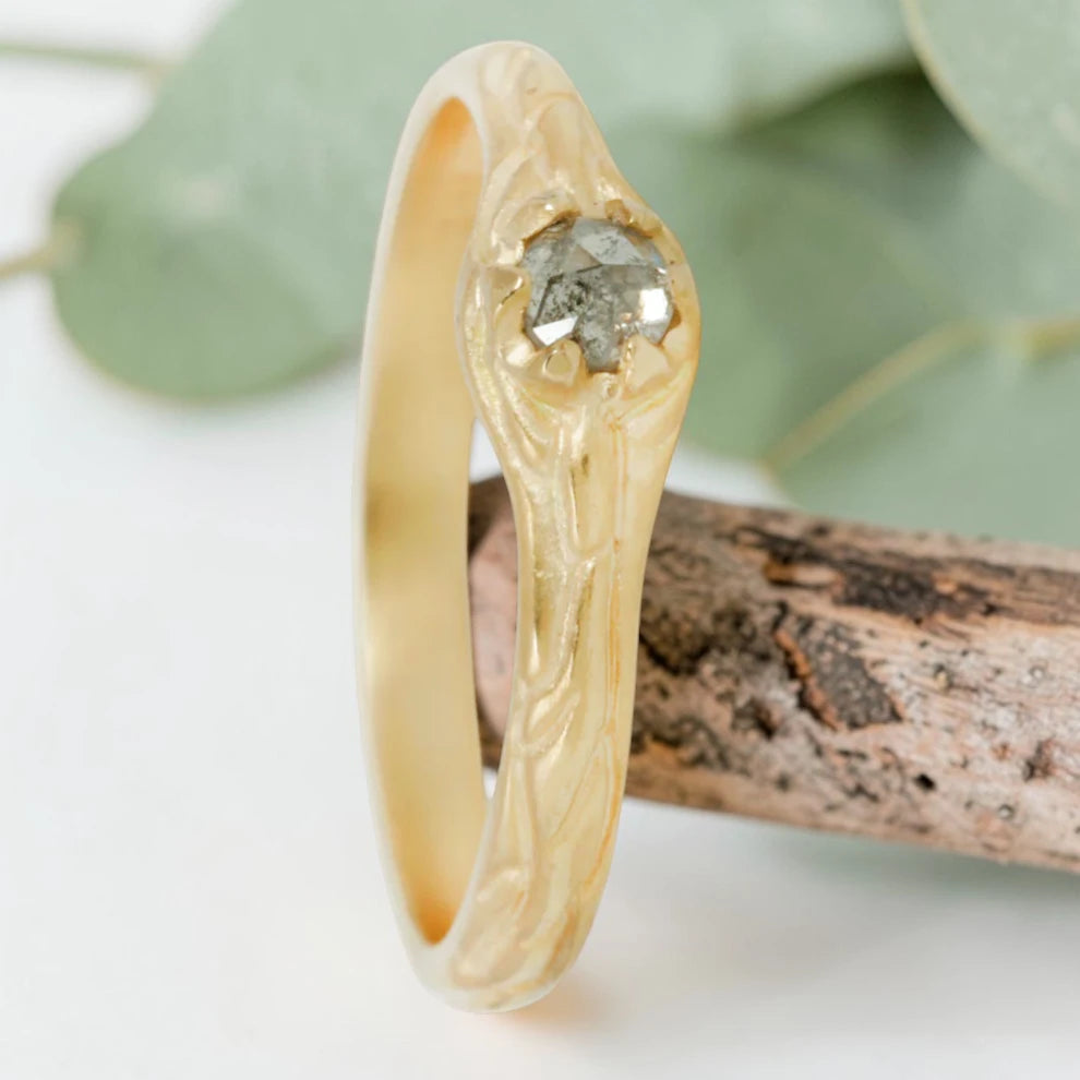 Salt & Pepper Diamond Ring, Hand Carved Old Cut Solitaire, Unique Engagement Jewelry