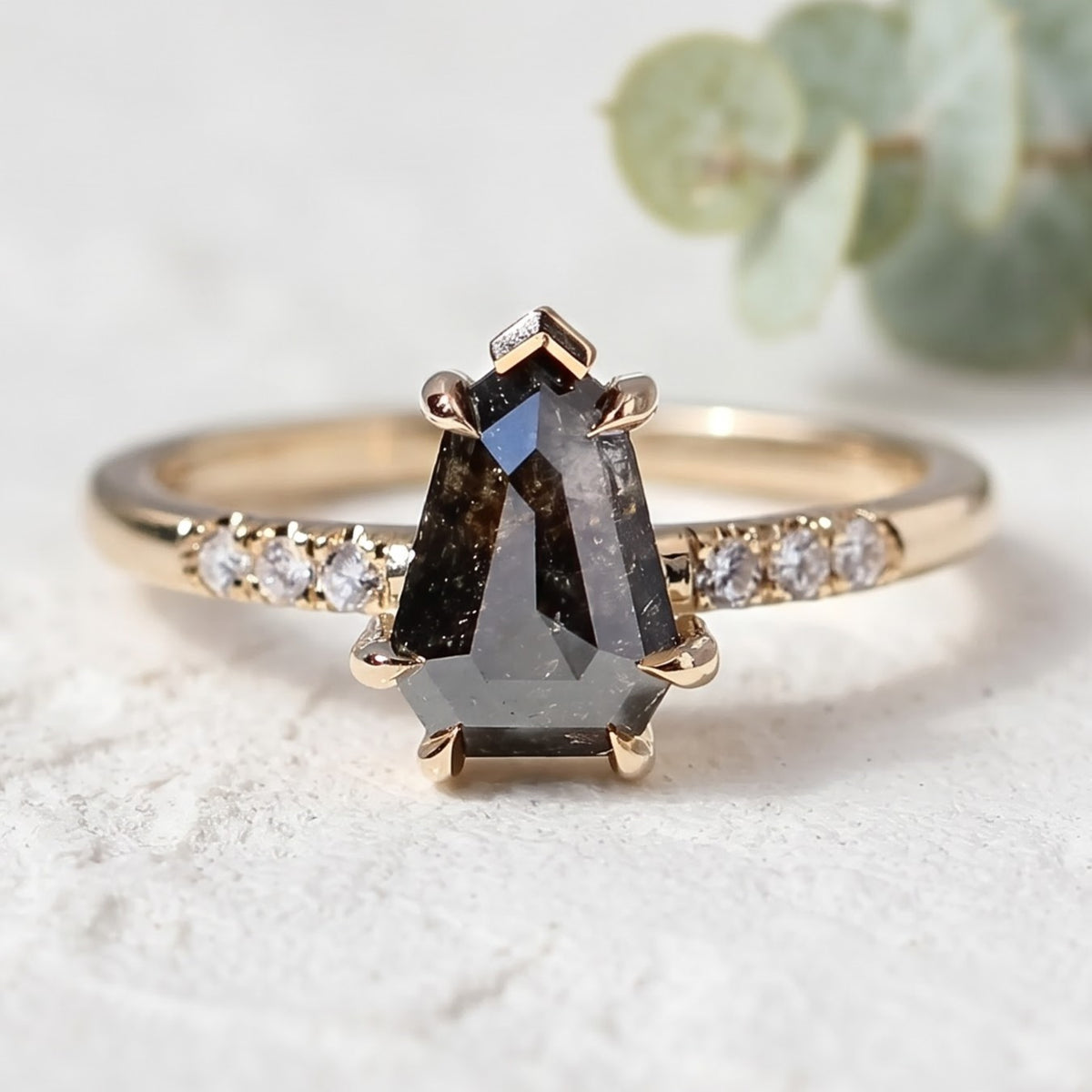 Natural Shield Cut Salt and Pepper Diamond Engagement Ring