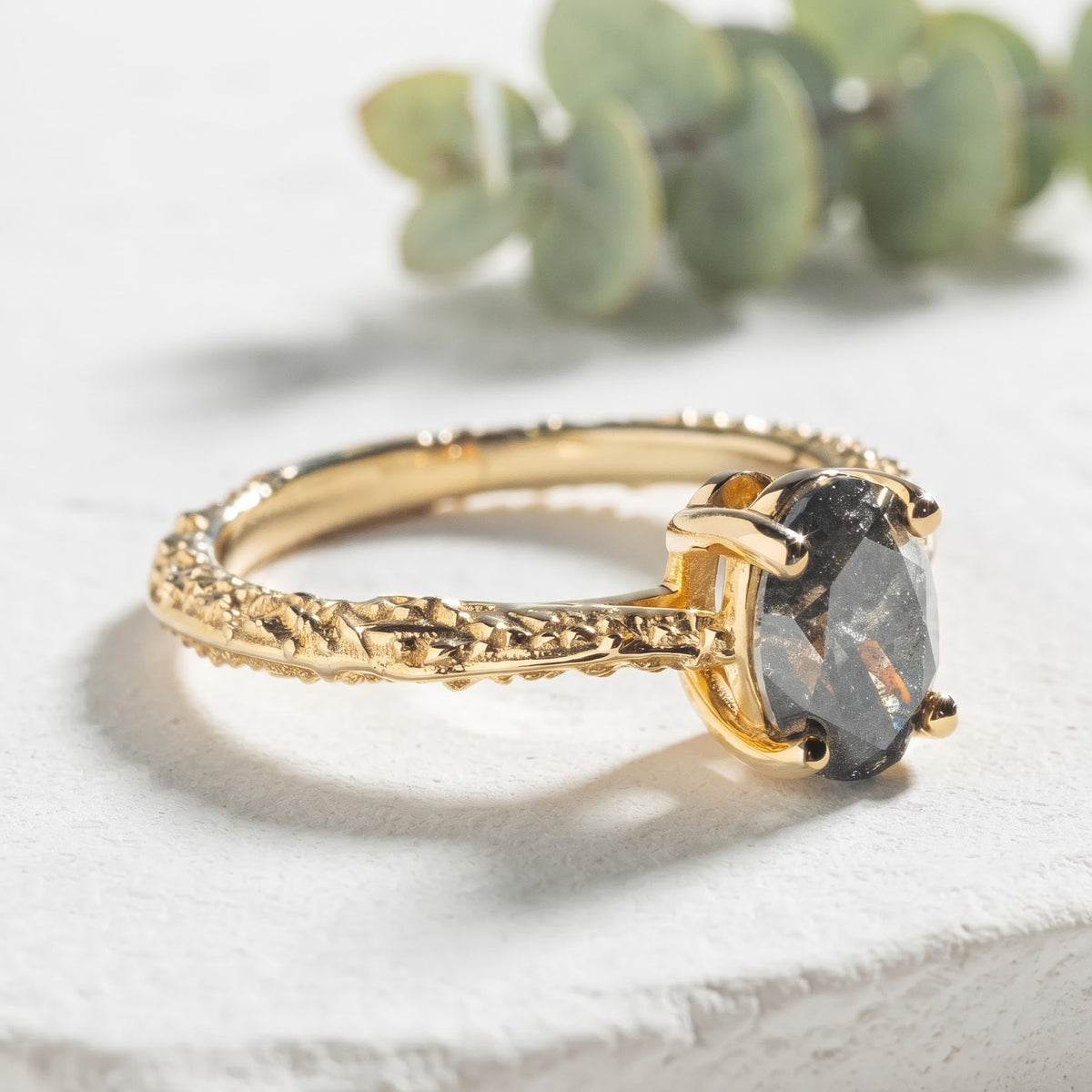 Natural Oval Salt and Pepper Diamond Ring