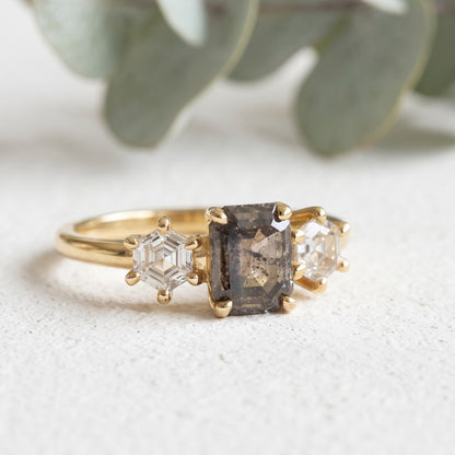 Emerald Salt and Pepper Diamond Ring