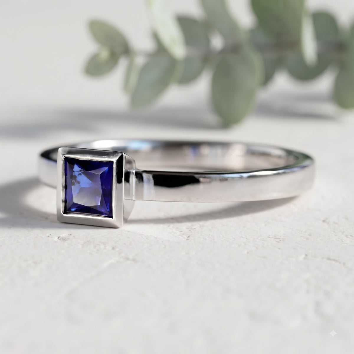 Dark Blue Princess Cut Sapphire Ring