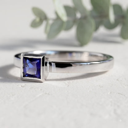 Dark Blue Princess Cut Sapphire Ring