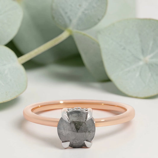 Round Cut Salt & Pepper Diamond Ring, Minimalist Bridal Engagement Band, Custom Jewelry