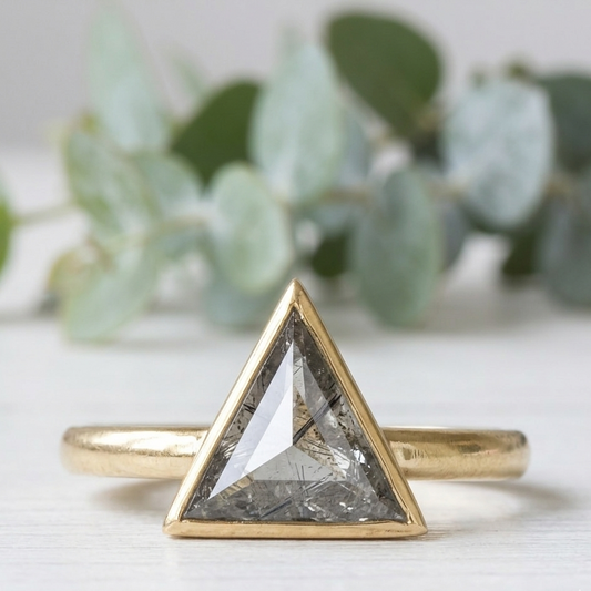 Triangle Salt and Pepper Diamond Ring in Handmade Gold
