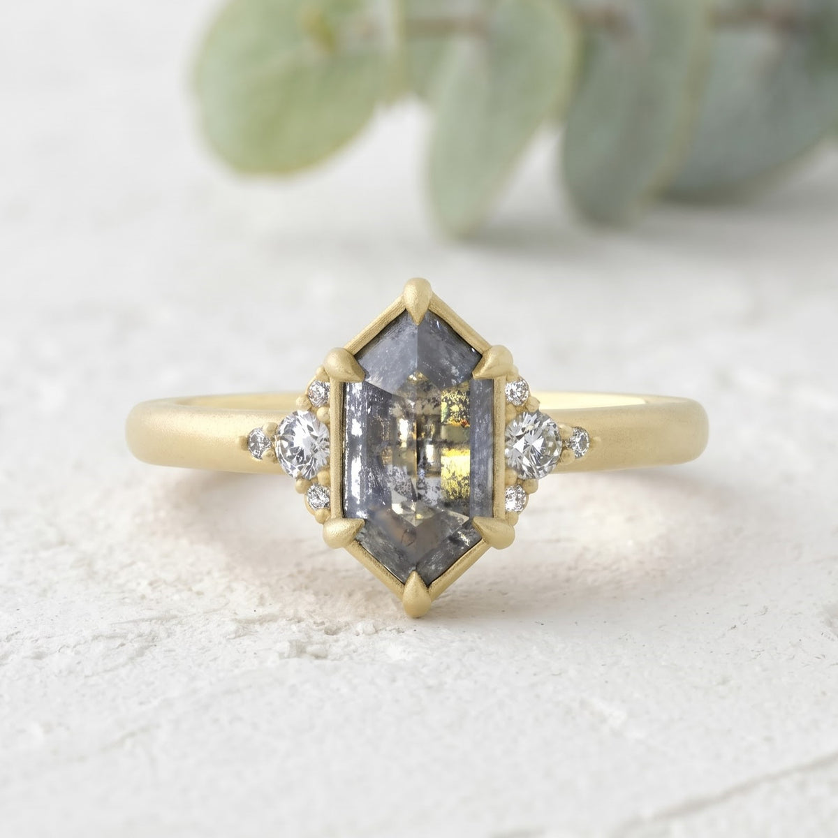 Hexagon Salt and Pepper Gold Handmade Diamond Ring