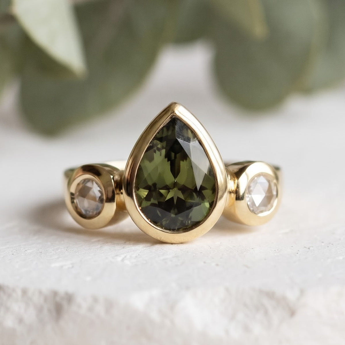 Pear Green Sapphire Bezel Set Gold Bridal Ring
