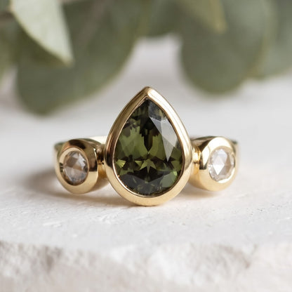 Pear Green Sapphire Bezel Set Gold Bridal Ring
