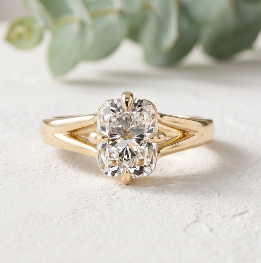 Elongated Cushion Cut Compass Point Prong Split Shank Ring