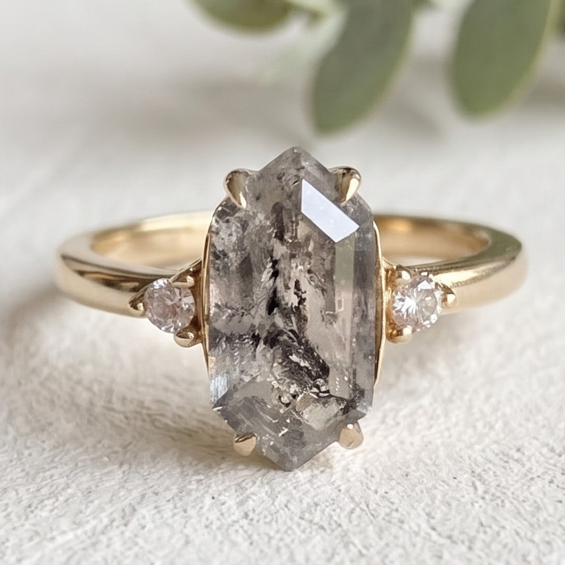 Elongated Hexagon Salt and Pepper Diamond Promise Ring