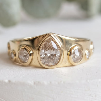 Pear Cut Salt and Pepper Diamond Bezel Ring