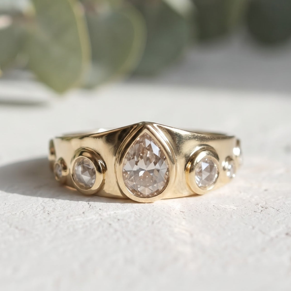Pear Cut Salt and Pepper Diamond Bezel Ring