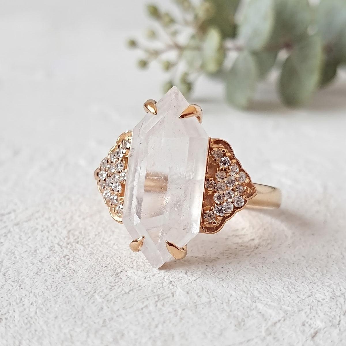 Long Hexagon Milky Diamond Ring with Round Accents