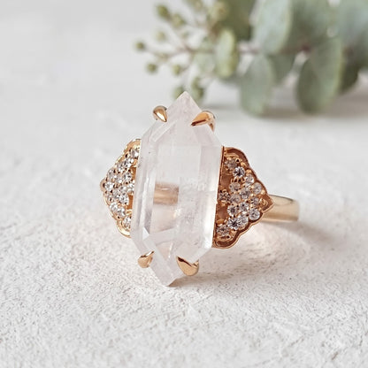 Long Hexagon Milky Diamond Ring with Round Accents