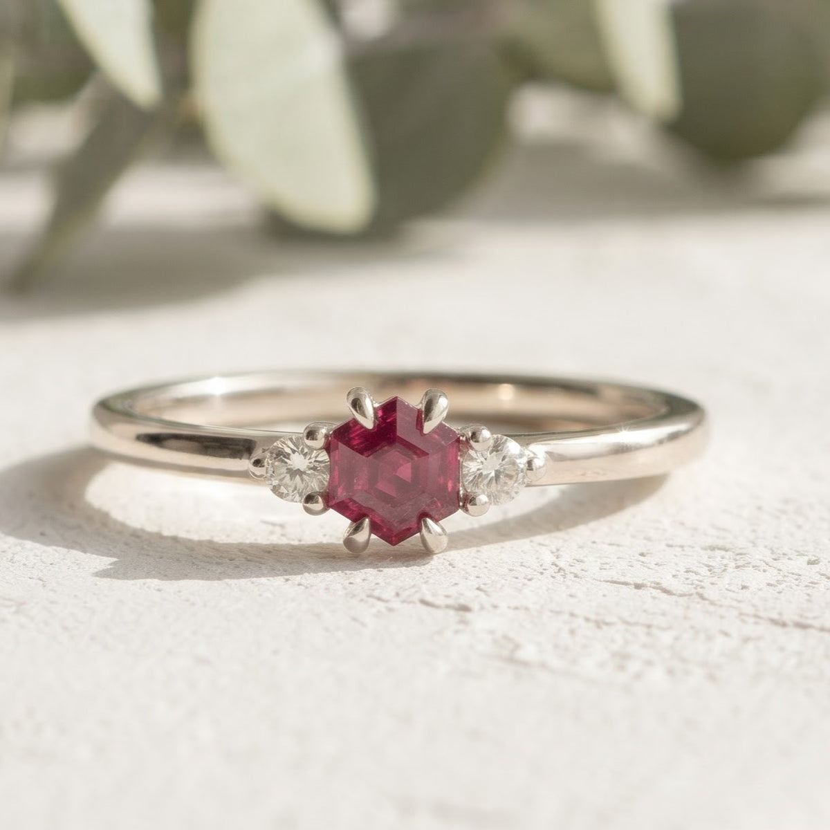 Pink Hexagon Ruby Ring with Lab Grown Diamond Accents