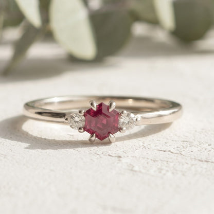 Pink Hexagon Ruby Ring with Lab Grown Diamond Accents