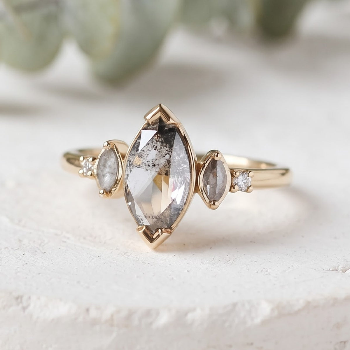 Marquise Salt and Pepper Diamond Bezel Ring Unique Handmade Ring