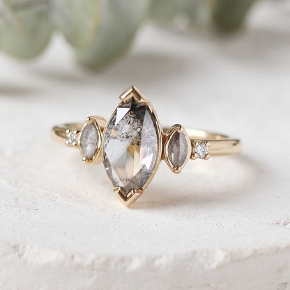 Marquise Salt and Pepper Diamond Bezel Ring Unique Handmade Ring
