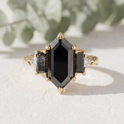 3.15 CT Hexagon Salt and Pepper Diamond Ring