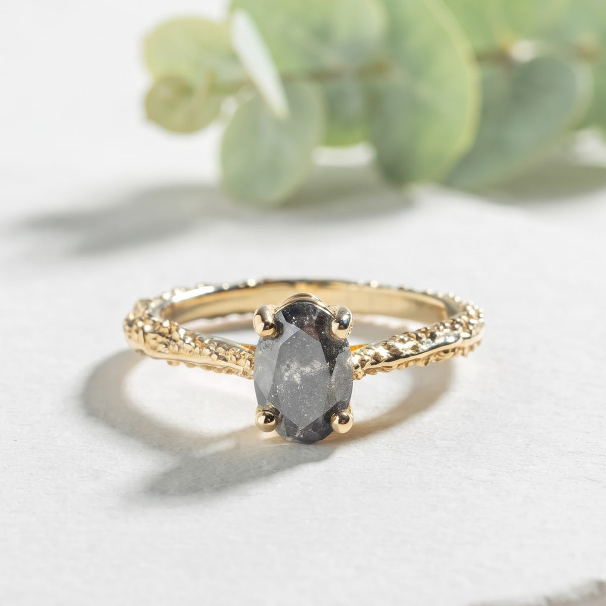 Natural Oval Salt and Pepper Diamond Ring