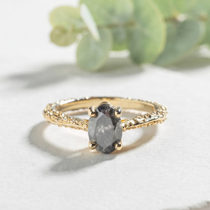 Natural Oval Salt and Pepper Diamond Ring