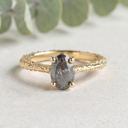 Natural Oval Salt and Pepper Diamond Ring