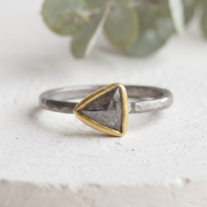 0.80 CT Triangular Salt and Pepper Diamond Handmade Ring